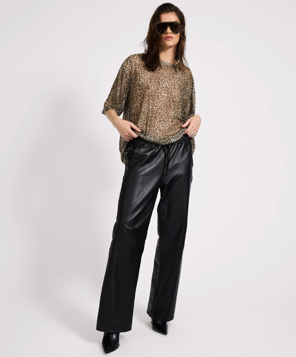 One Teaspoon Roadhouse Mid Waist Wide Leg Drawstring Leather Pants - Black