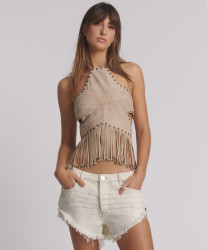 One Teaspoon Studded Suede Leather Fringed Star Crop Top - Stone