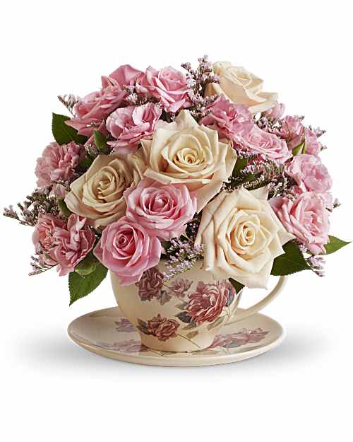 Pink | Roses | Victorian Teacup Bouquet | Same Day Flower Delivery by Teleflora