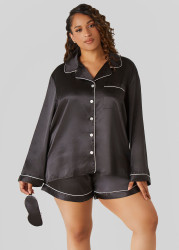Plus Size 3 Piece Satin Pajama Shorts Set, Black, 3X - Ashley Stewart