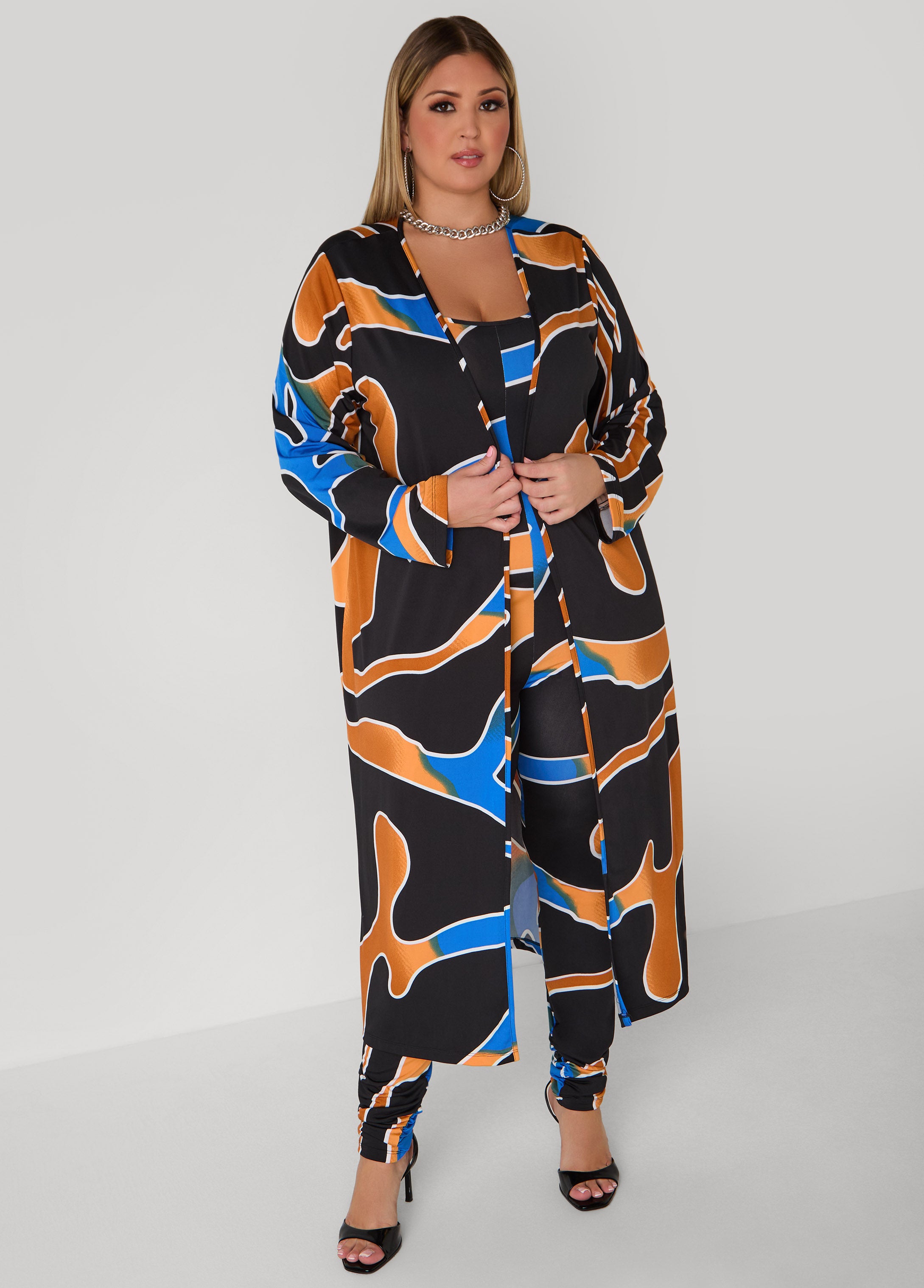 Plus Size Abstract Print Open Front Duster, Sodalite, 22/24 - Ashley Stewart