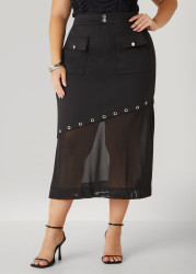 Plus Size Asymmetric Mesh Paneled Skirt, Black, 18/20 - Ashley Stewart
