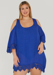 Plus Size Beach Break Cold Shoulder Cover Up, Blue, 4X - Ashley Stewart