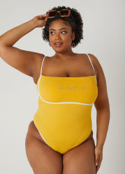 Plus Size Bebe Ribbed Swimsuit, Yellow, 1X - Ashley Stewart