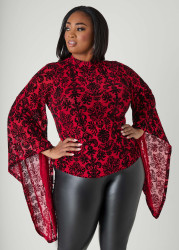Plus Size Bell Sleeved Flocked Mesh Top, Lychee, 14/16 - Ashley Stewart