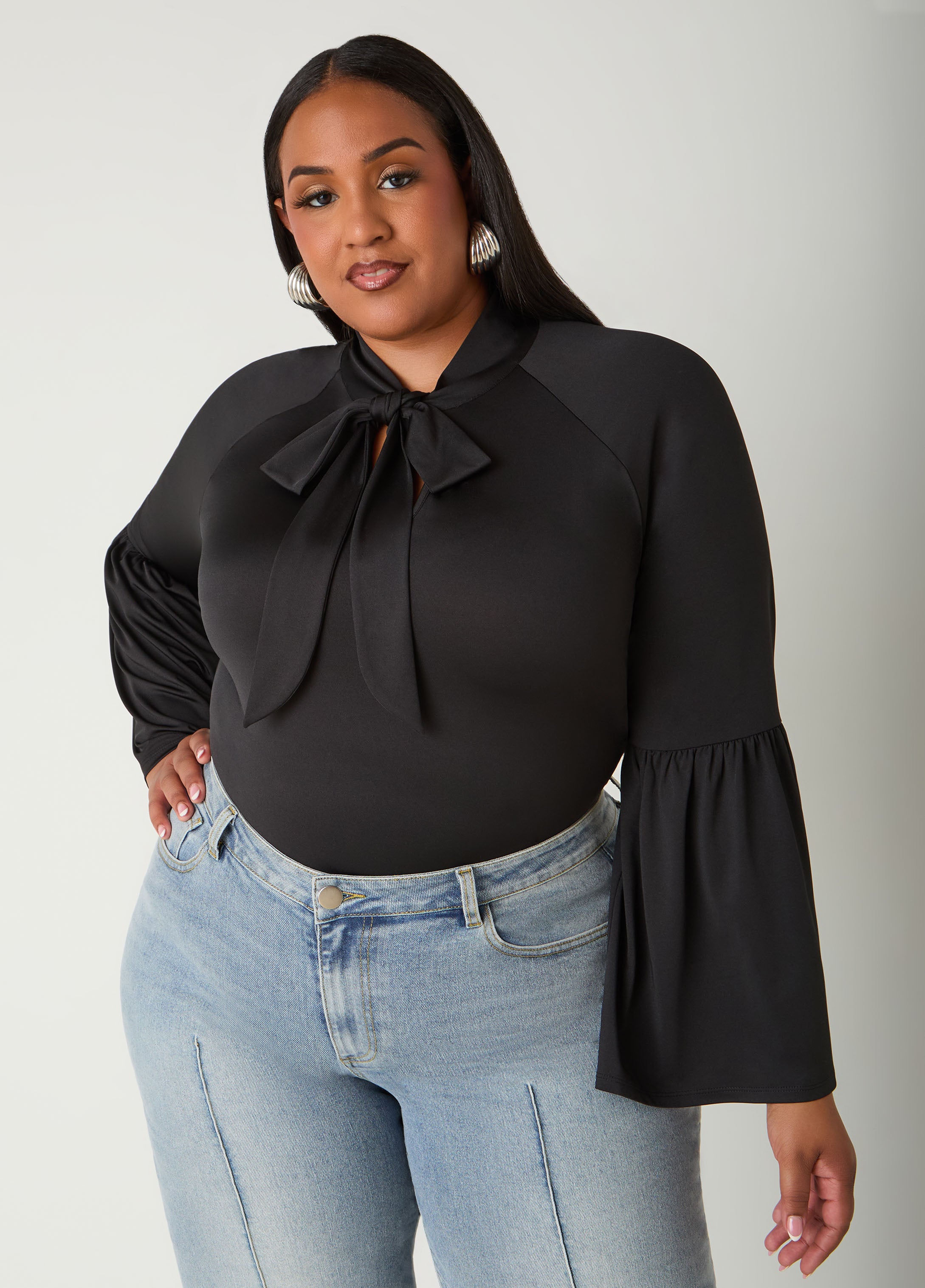 Plus Size Bell Sleeved Tie Neck Top, Black, 14/16 - Ashley Stewart