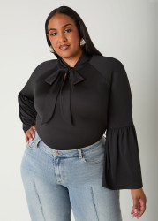 Plus Size Bell Sleeved Tie Neck Top, Black, 14/16 - Ashley Stewart