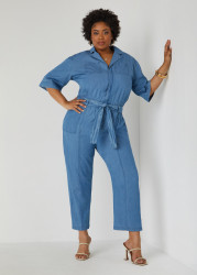 Plus Size Belted Chambray Jumpsuit, Denim Blue, 34 - Ashley Stewart