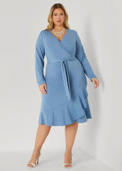 Plus Size Belted Faux Wrap Dress, Dusk Blue, 22/24 - Ashley Stewart