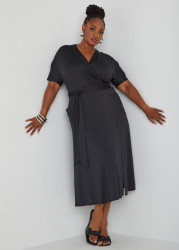 Plus Size Belted Faux Wrap Midi Dress, Black, 14/16 - Ashley Stewart