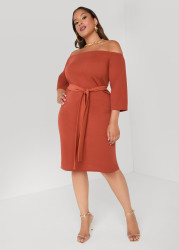 Plus Size Belted Off The Shoulder Dress, Rust, 10/12 - Ashley Stewart
