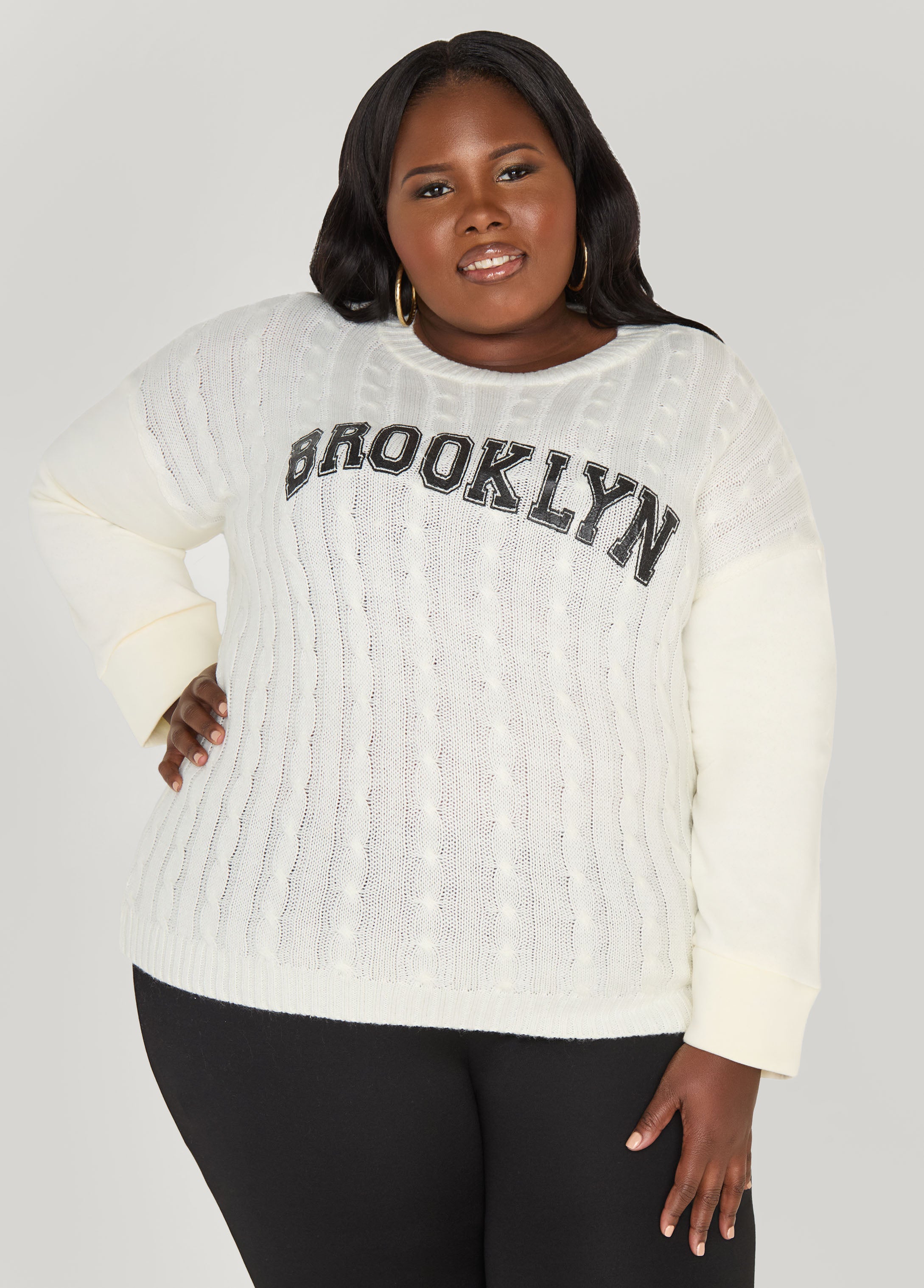 Plus Size Brooklyn Cable Knit Sweater, White, 34/36 - Ashley Stewart