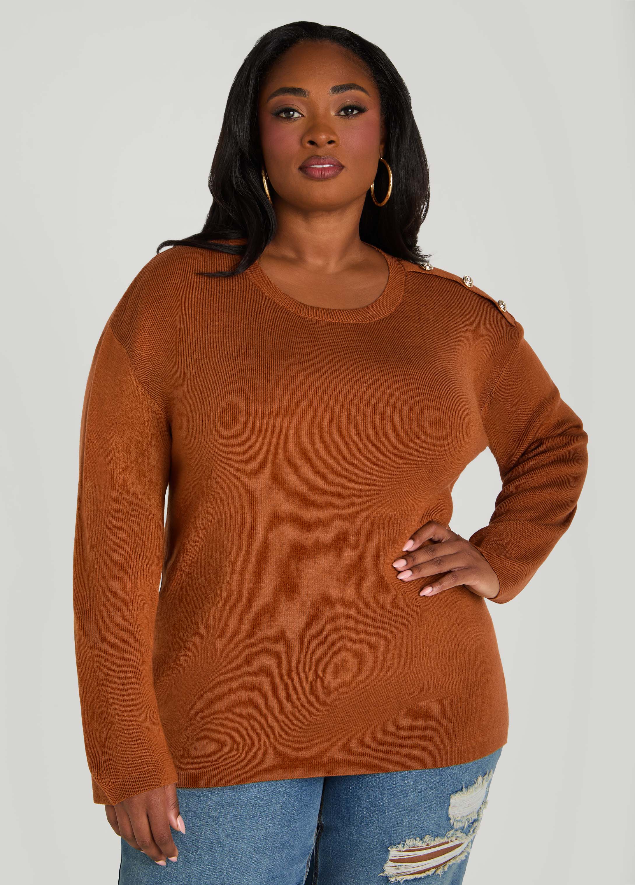 Plus Size Button Embellished Sweater, Caramel Cafe, 22/24 - Ashley Stewart