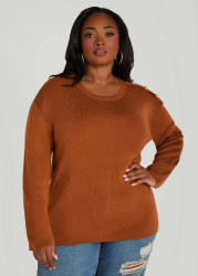 Plus Size Button Embellished Sweater, Caramel Cafe, 22/24 - Ashley Stewart