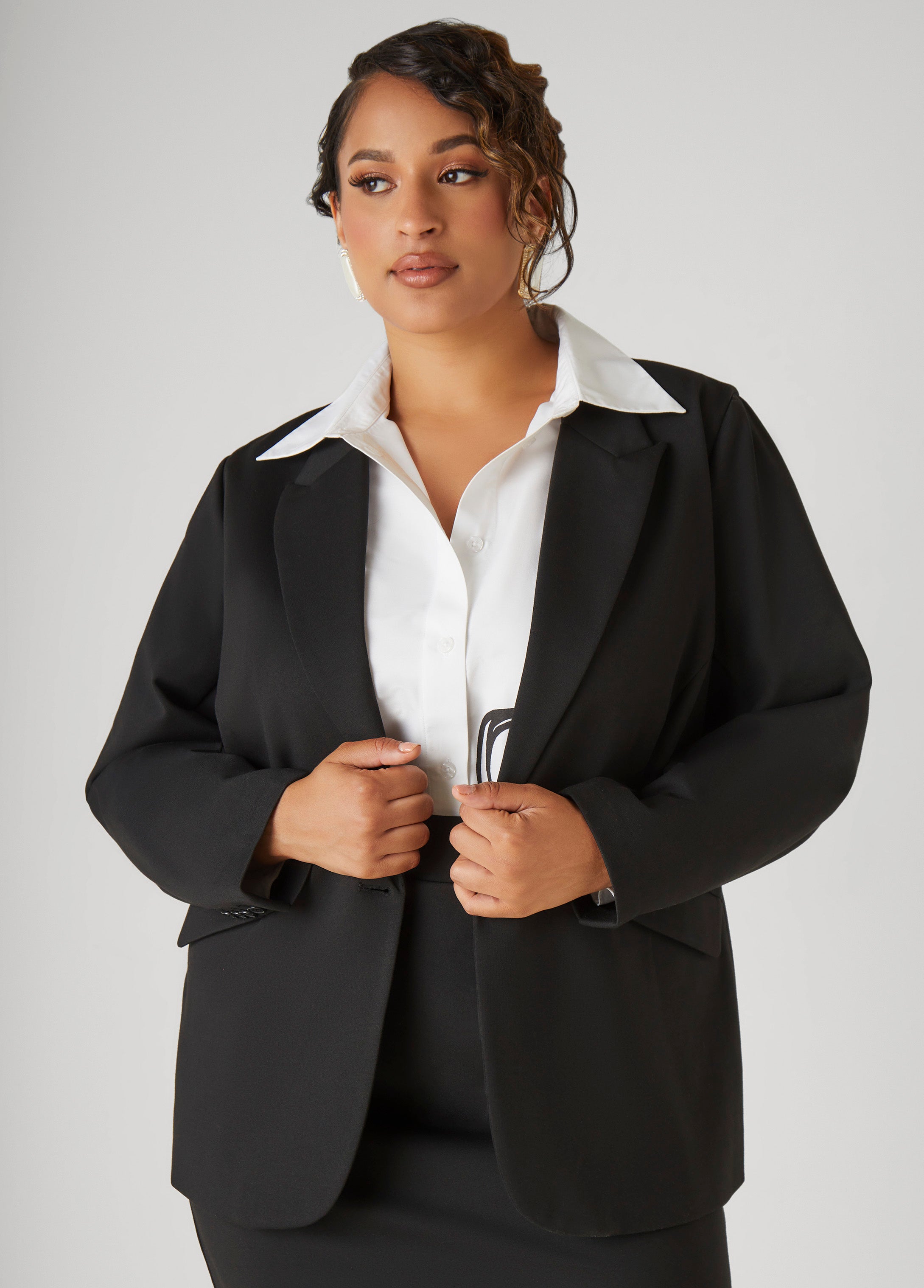 Plus Size Button Front Ponte Blazer, Black, 34 - Ashley Stewart