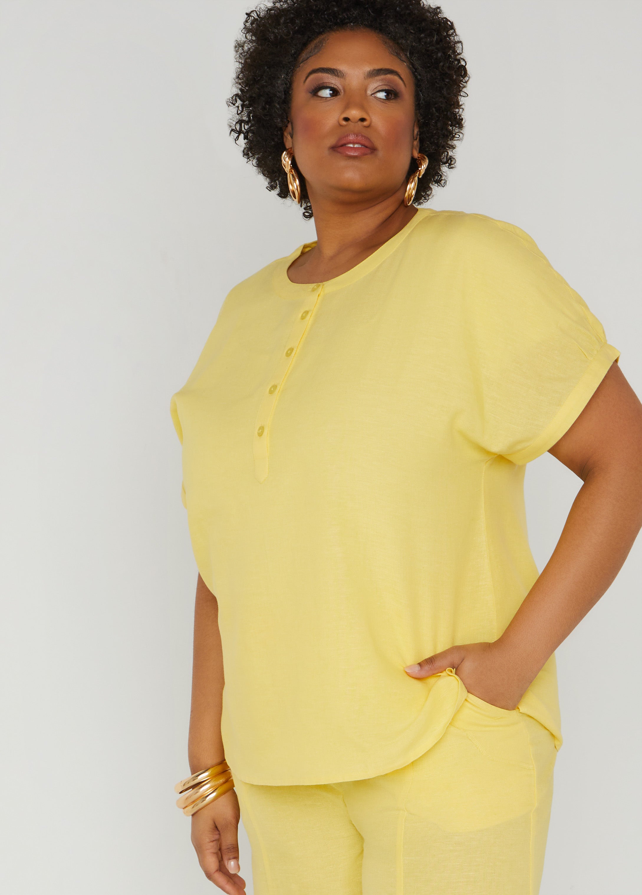 Plus Size Button Front Tunic, Lemon Drop, 26/28 - Ashley Stewart