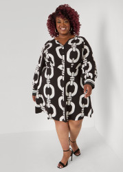 Plus Size Chain Link Print A Line Dress, Black White, 12 - Ashley Stewart
