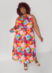 Plus Size Chain Trimmed Geo Print Dress, Fandango Pink, 3X - Ashley Stewart