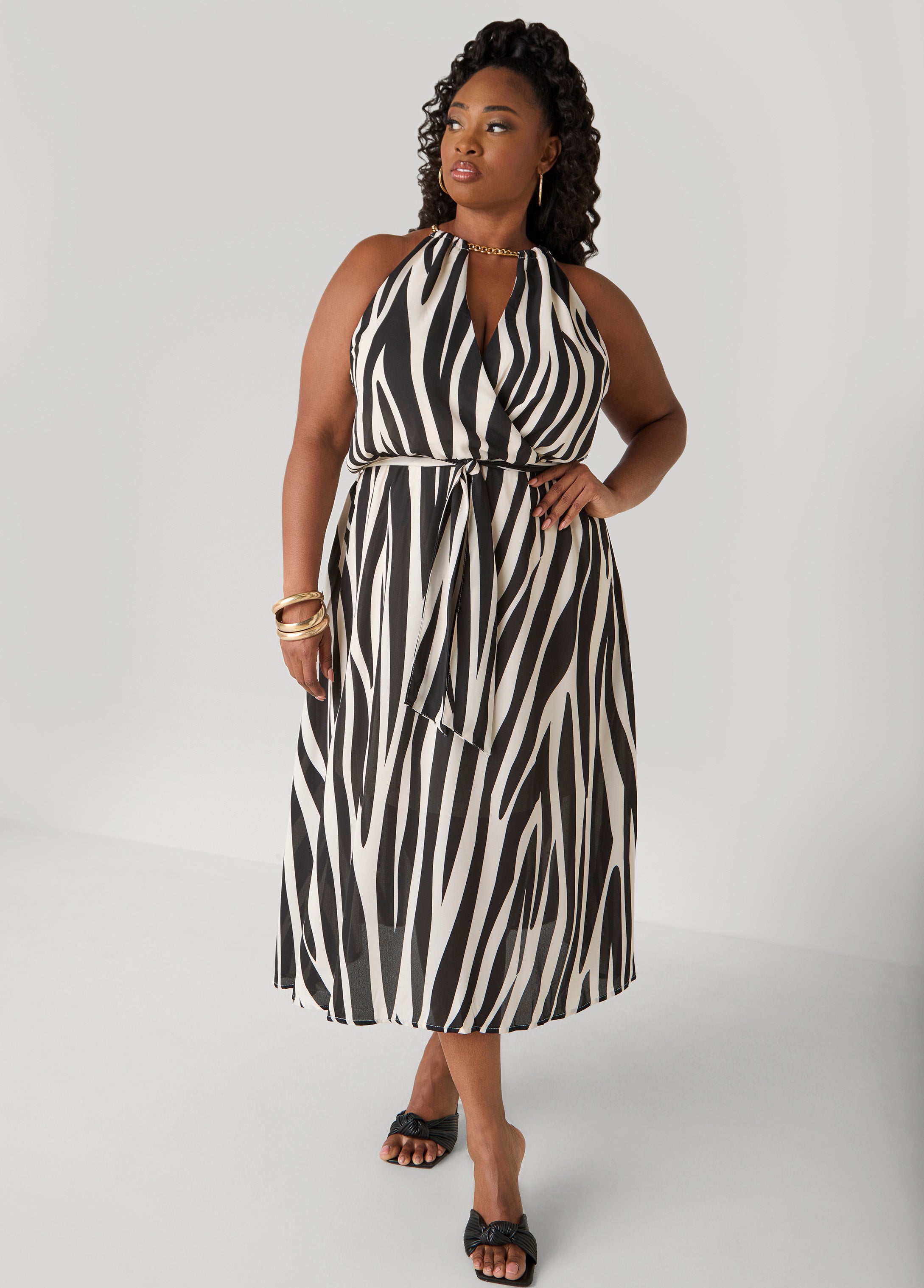 Plus Size Chain Trimmed Striped Dress, Black Combo, 2X - Ashley Stewart
