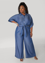 Plus Size Chambray Wide Leg Jumpsuit, Denim Blue, 30/32 - Ashley Stewart