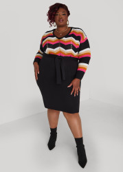 Plus Size Chevron Knit Sweater Dress, Black Combo, 10 - Ashley Stewart