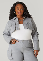 Plus Size Coated Cropped Denim Jacket, Silver, 14/16 - Ashley Stewart