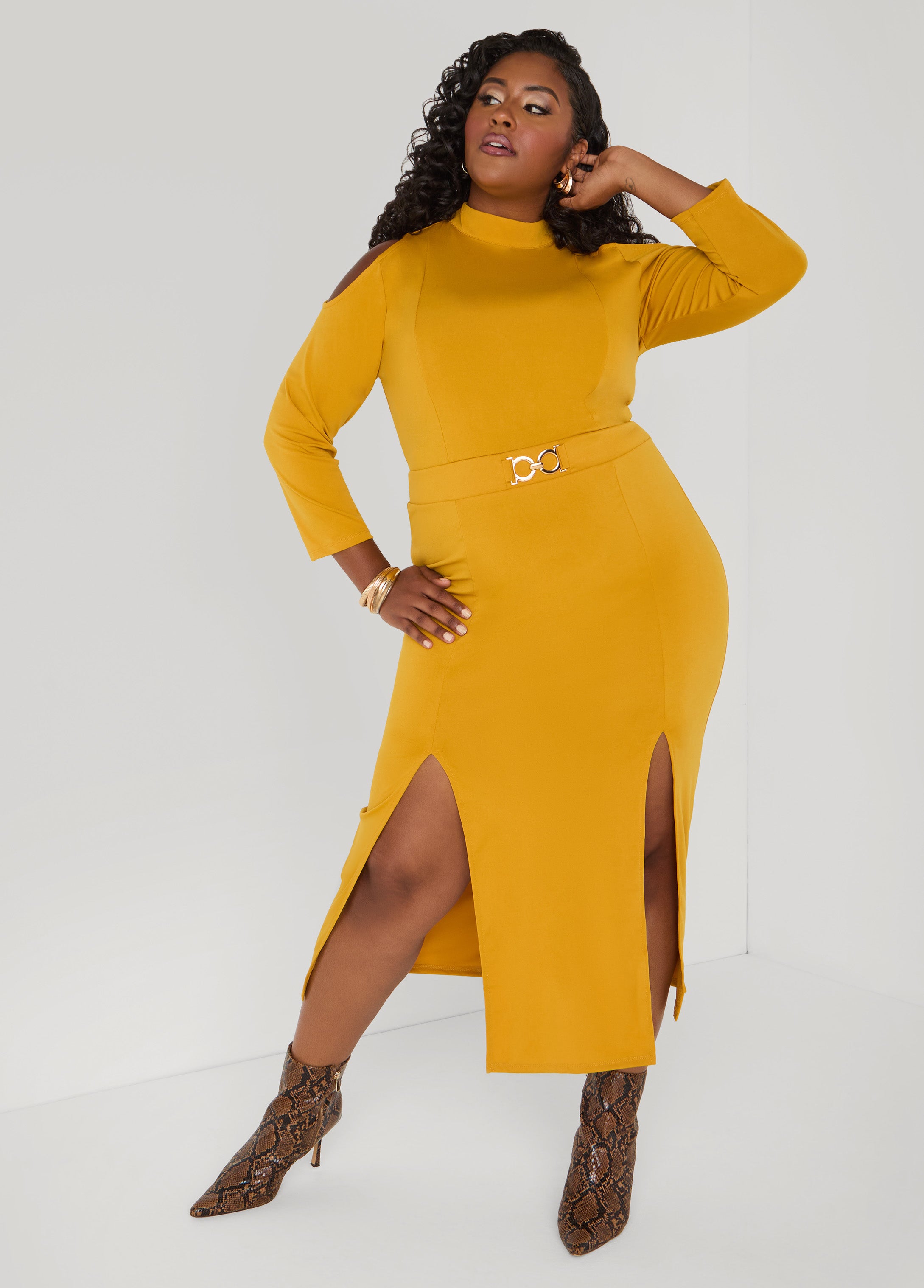 Plus Size Cold Shoulder Maxi Dress, Nugget Gold, 26/28 - Ashley Stewart
