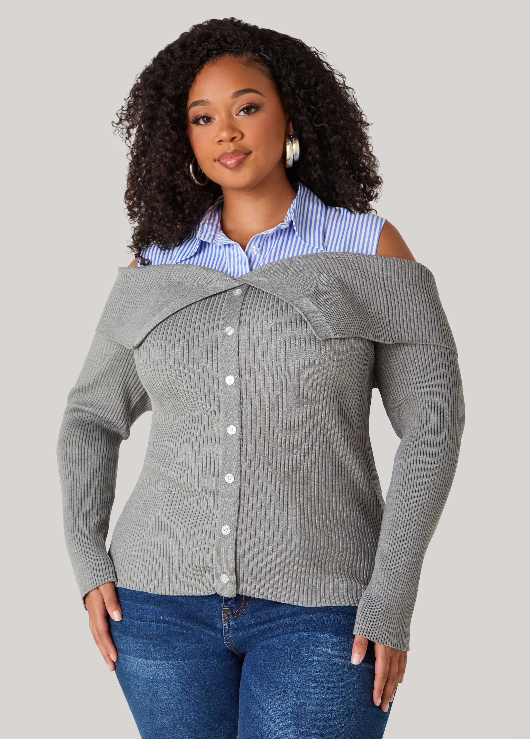 Plus Size Cold Shoulder Paneled Sweater, Heather Grey, 10/12 - Ashley Stewart