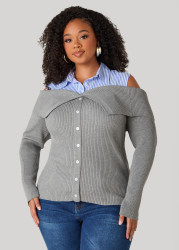 Plus Size Cold Shoulder Paneled Sweater, Heather Grey, 26/28 - Ashley Stewart
