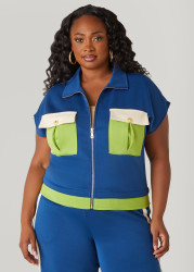 Plus Size Colorblock Zip Front Jacket, Peacoat, 26/28 - Ashley Stewart