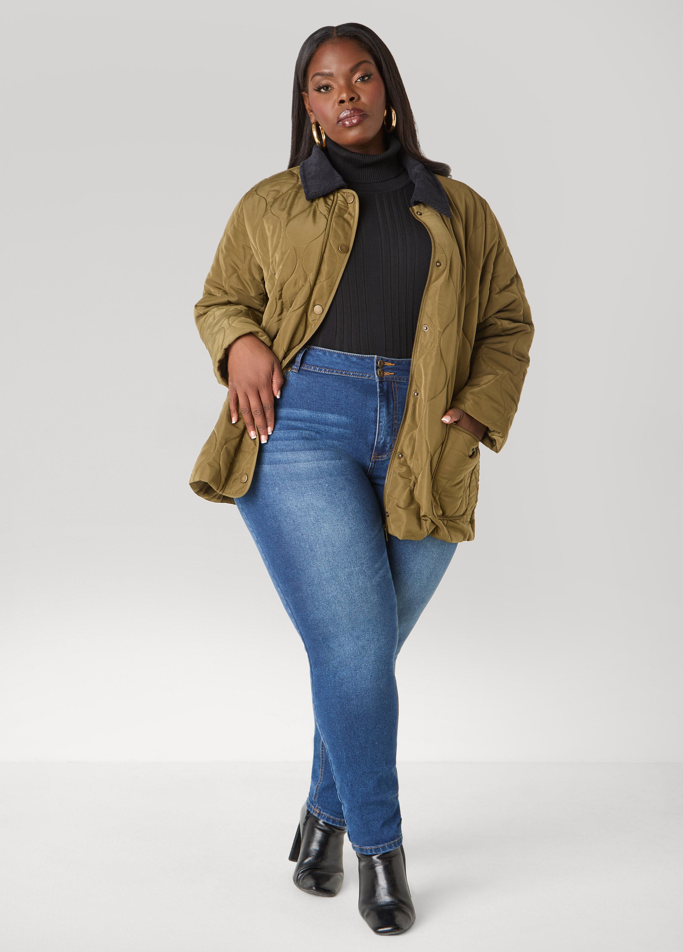 Plus Size Corduroy Paneled Barn Jacket, Olive, 22/24 - Ashley Stewart