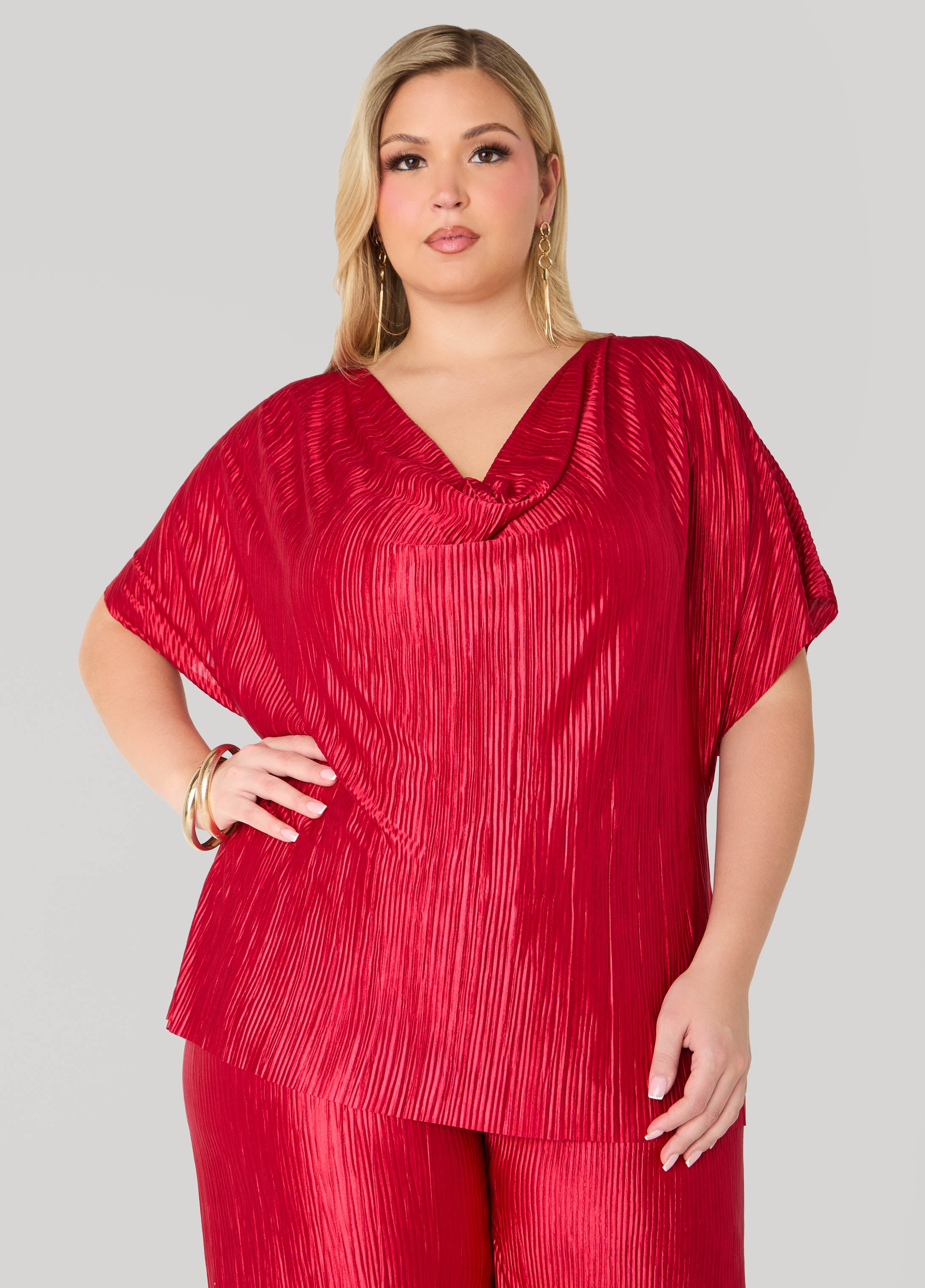 Plus Size Cowl Neck Plisse Satin Blouse, Red, 18/20 - Ashley Stewart