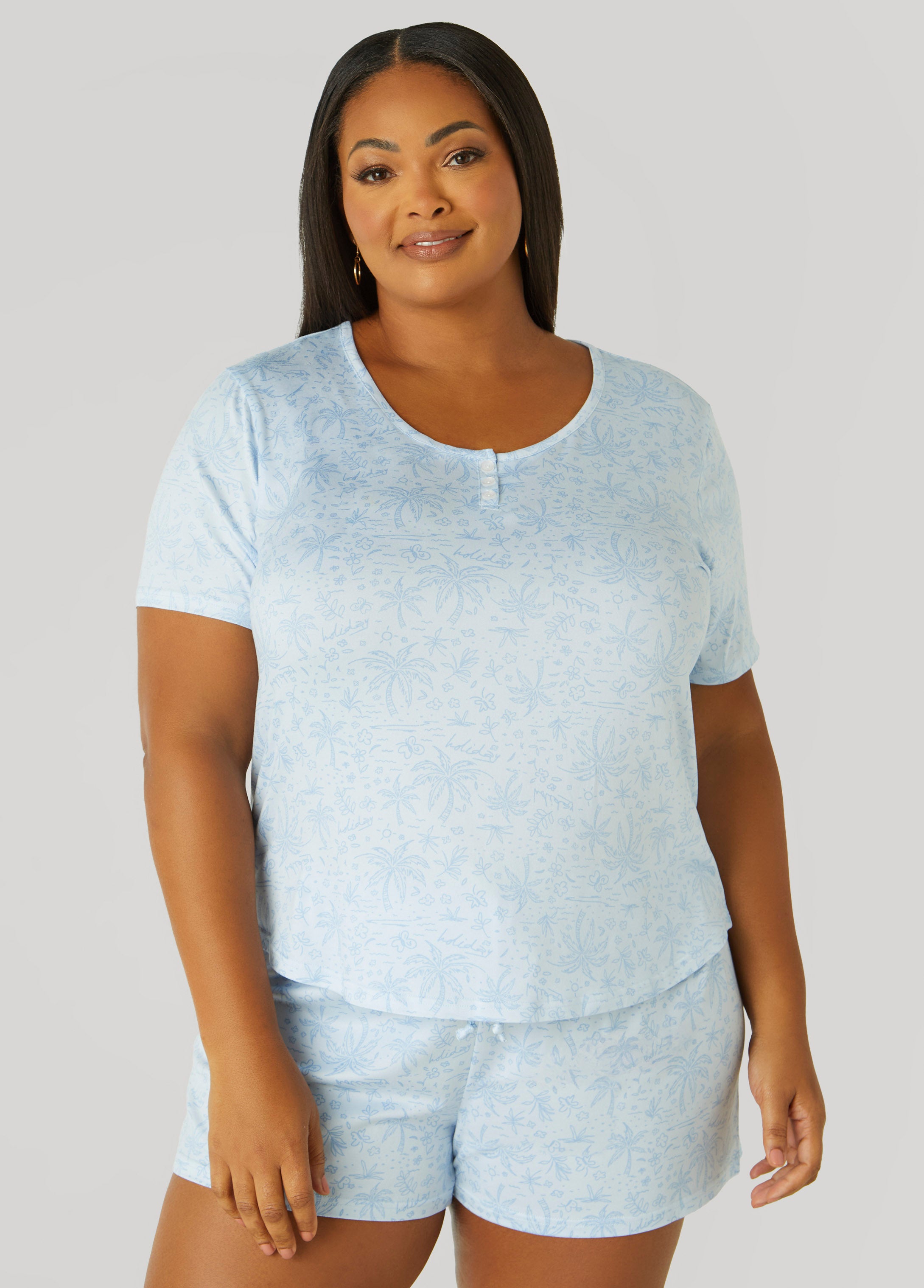 Plus Size Cozy Couture Tropical PJs Set, Blue, 3X - Ashley Stewart