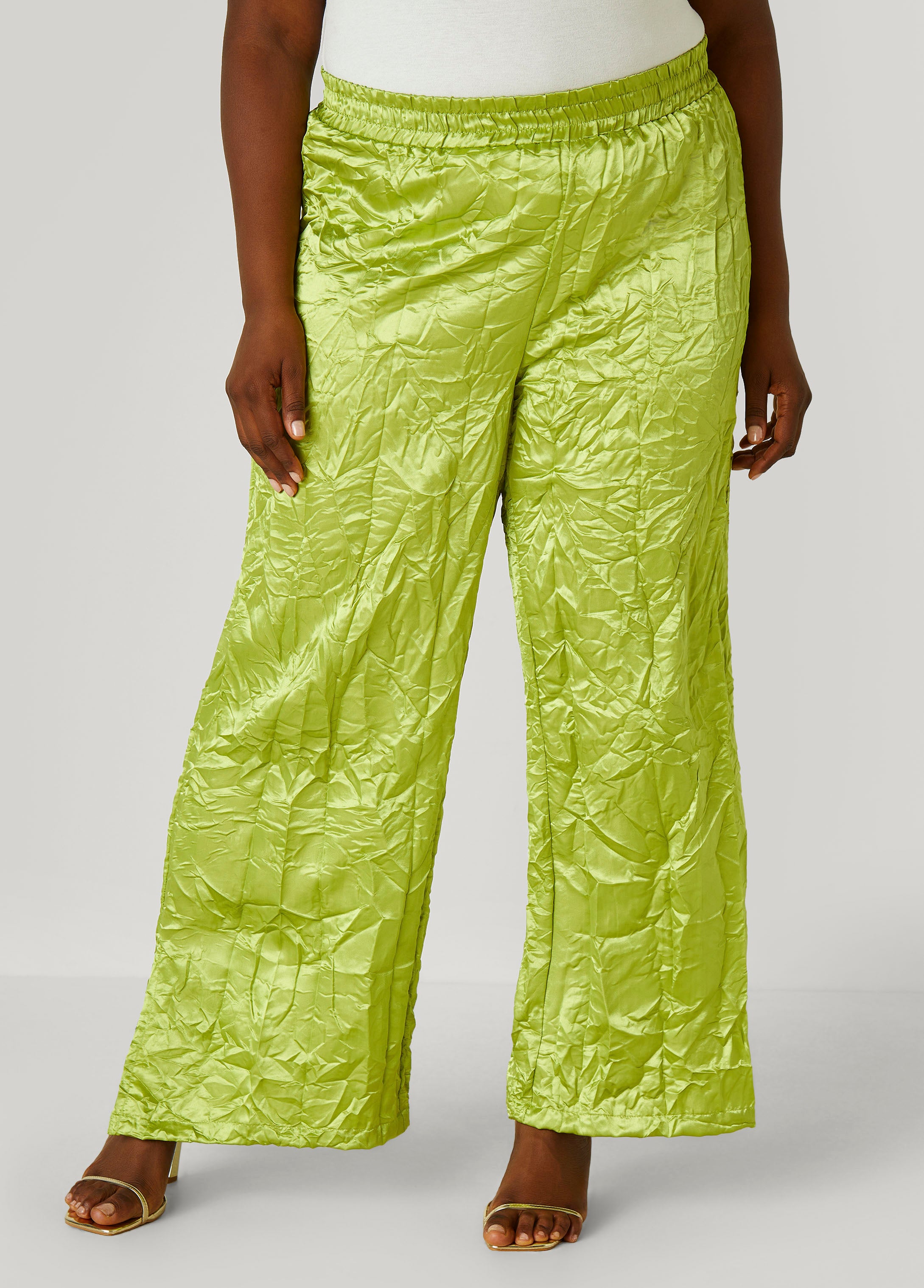Plus Size Crinkled Satin Split Hem Pants, Dark Citron, 10 - Ashley Stewart