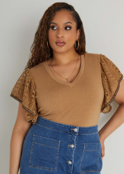 Plus Size Crochet Sleeved Jersey Top, Caramel Cafe, 1X - Ashley Stewart