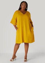 Plus Size Crochet Trimmed V Neck Dress, Nugget Gold, 10 - Ashley Stewart