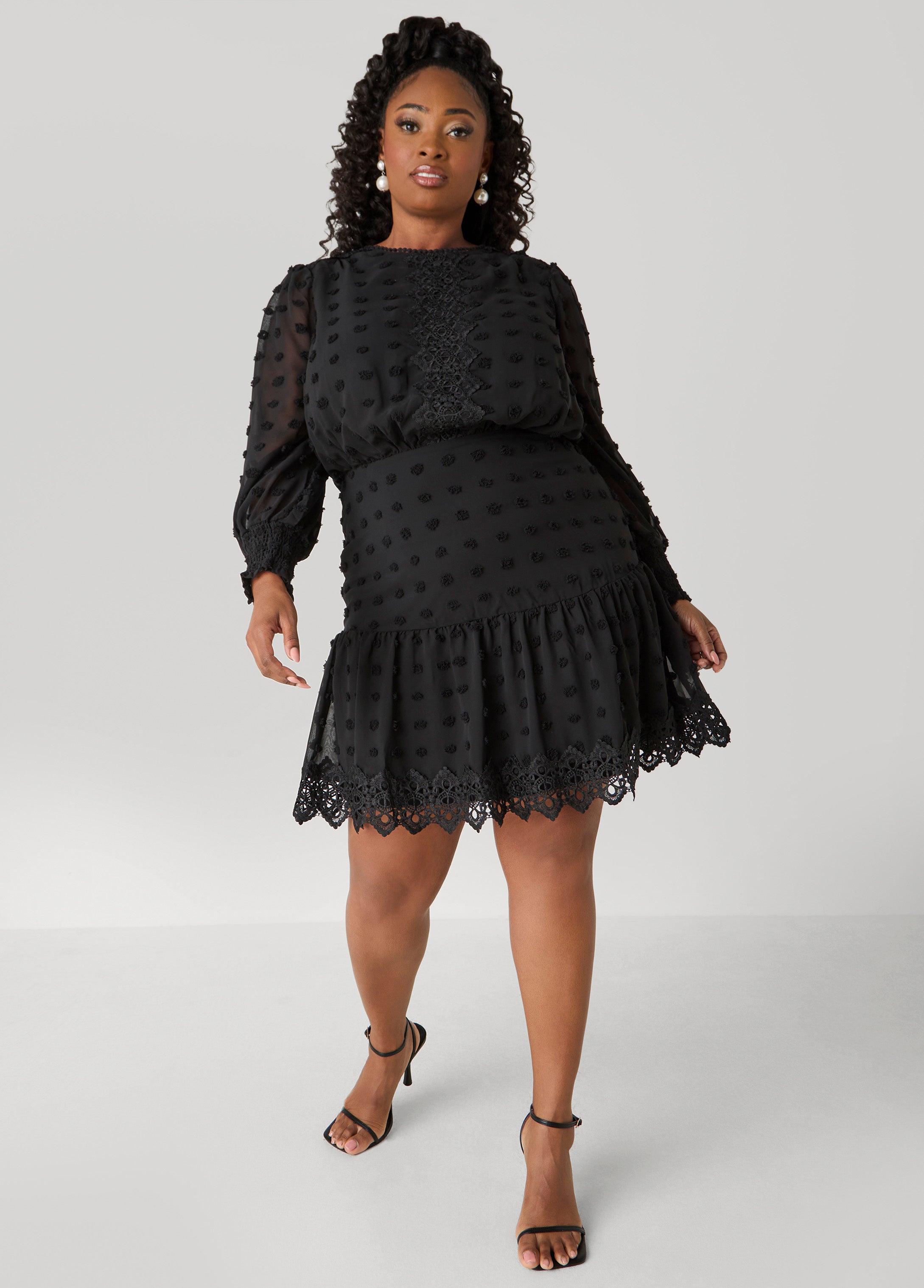 Plus Size Crocheted Trim Pompom Dress, Black, 2X - Ashley Stewart