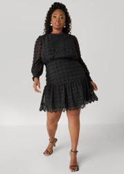 Plus Size Crocheted Trim Pompom Dress, Black, 2X - Ashley Stewart