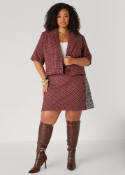 Plus Size Cropped Plaid Blazer, Burgundy, 10/12 - Ashley Stewart