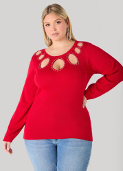 Plus Size Crystal Cutout Sweater, Lychee, 22/24 - Ashley Stewart