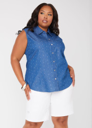 Plus Size Crystal Embellished Chambray Shirt, Denim, 26 - Ashley Stewart
