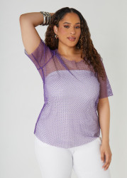 Plus Size Crystal Embellished Fishnet Tee, Purple Magic, 30/32 - Ashley Stewart
