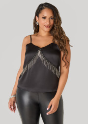 Plus Size Crystal Fringe Satin Cami, Black, 14/16 - Ashley Stewart