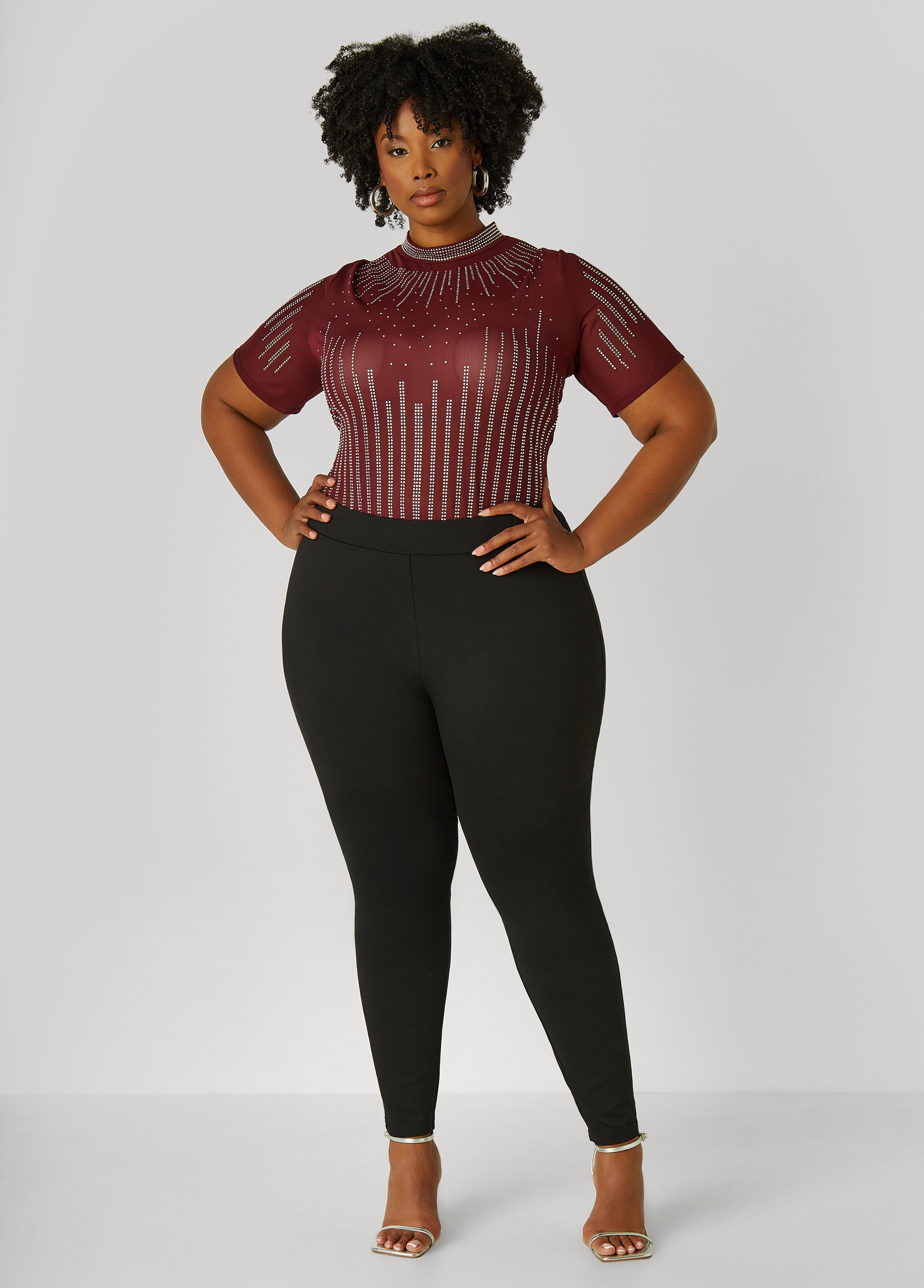 Plus Size Crystal Mesh Bodysuit, ZINFANDEL, 30/32 - Ashley Stewart