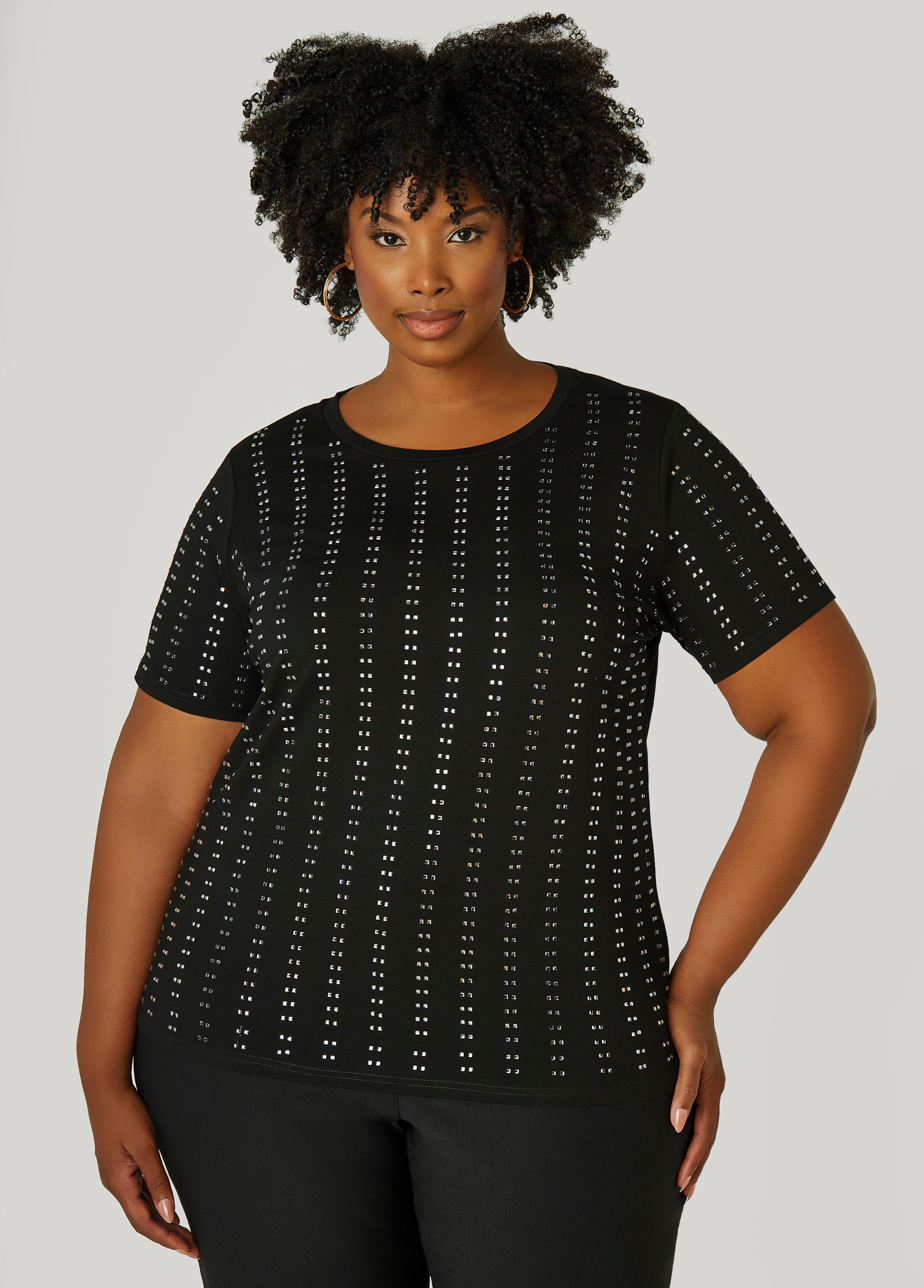 Plus Size Crystal Stretch Cotton Tee, Black, 14/16 - Ashley Stewart