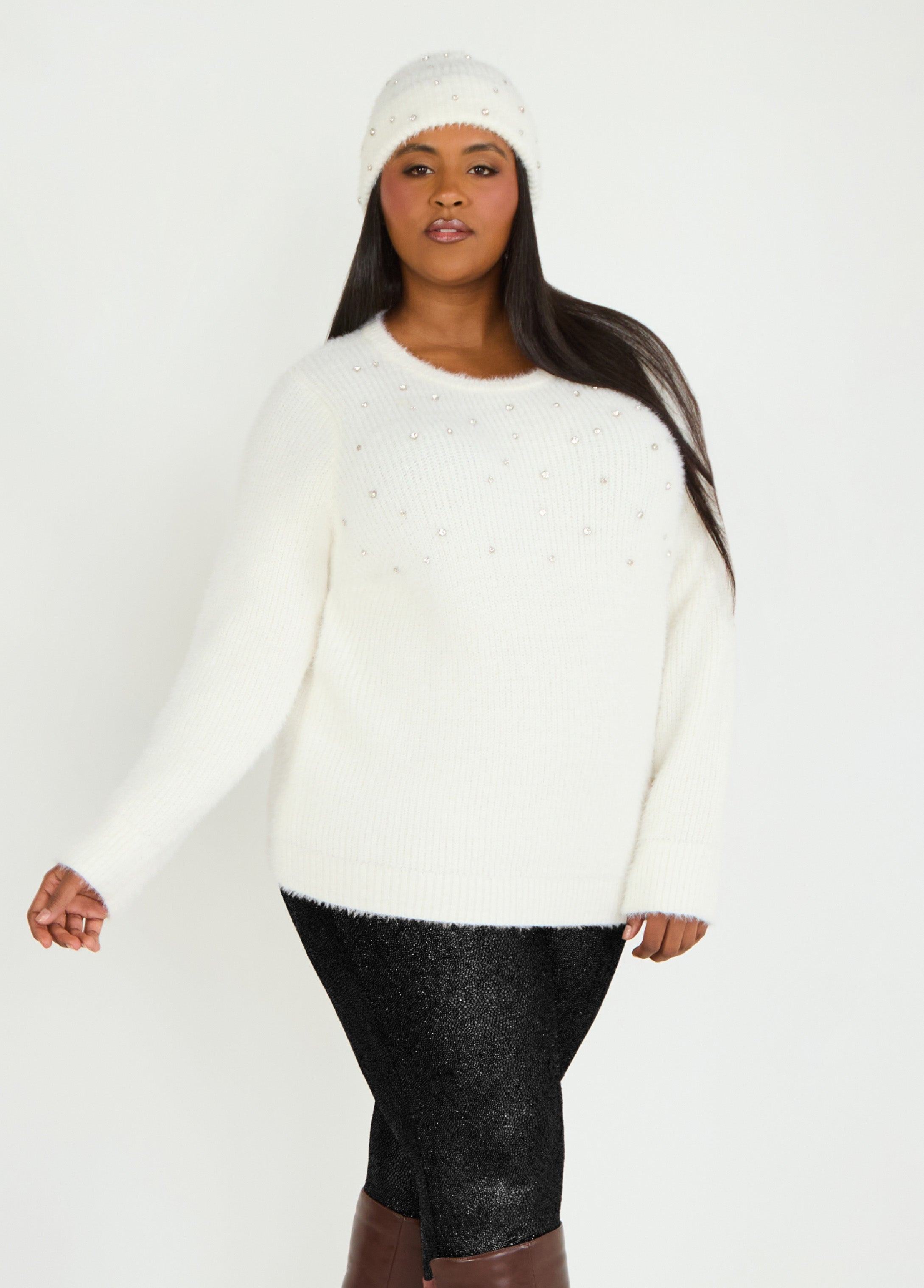 Plus Size Crystal Sweater And Hat Set, Egret, 10/12 - Ashley Stewart
