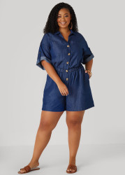 Plus Size Cuffed Chambray Romper, Dk Rinse, 34/36 - Ashley Stewart