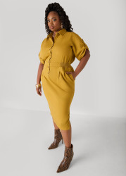 Plus Size Cuffed Denim Dress, Nugget Gold, 10 - Ashley Stewart