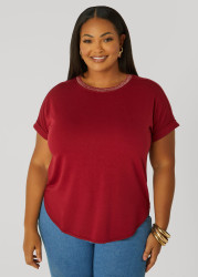 Plus Size Cuffed Metallic Trimmed Tee, Dark Citron, 14/16 - Ashley Stewart