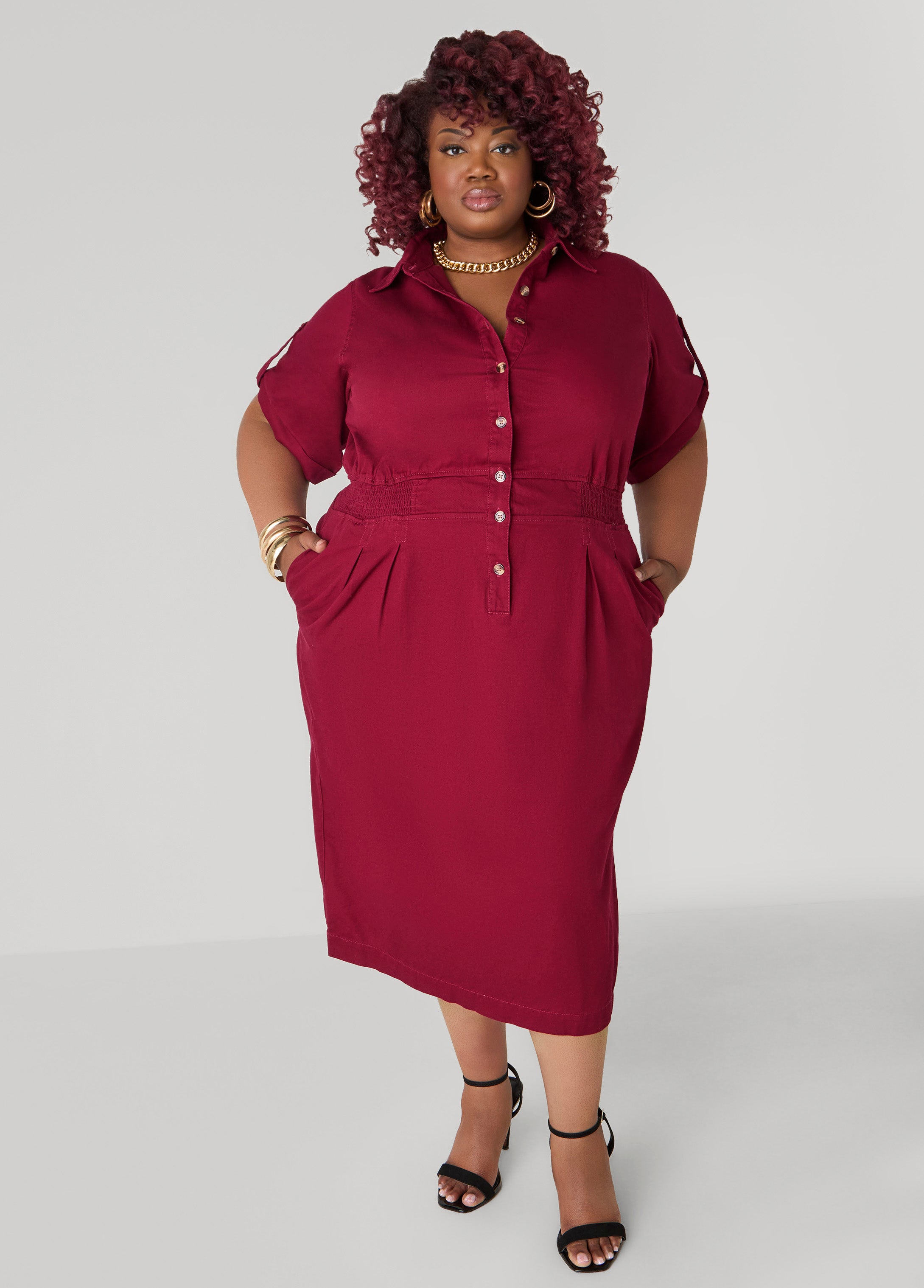 Plus Size Cuffed Sleeve Denim Dress, BIKING RED, 10 - Ashley Stewart